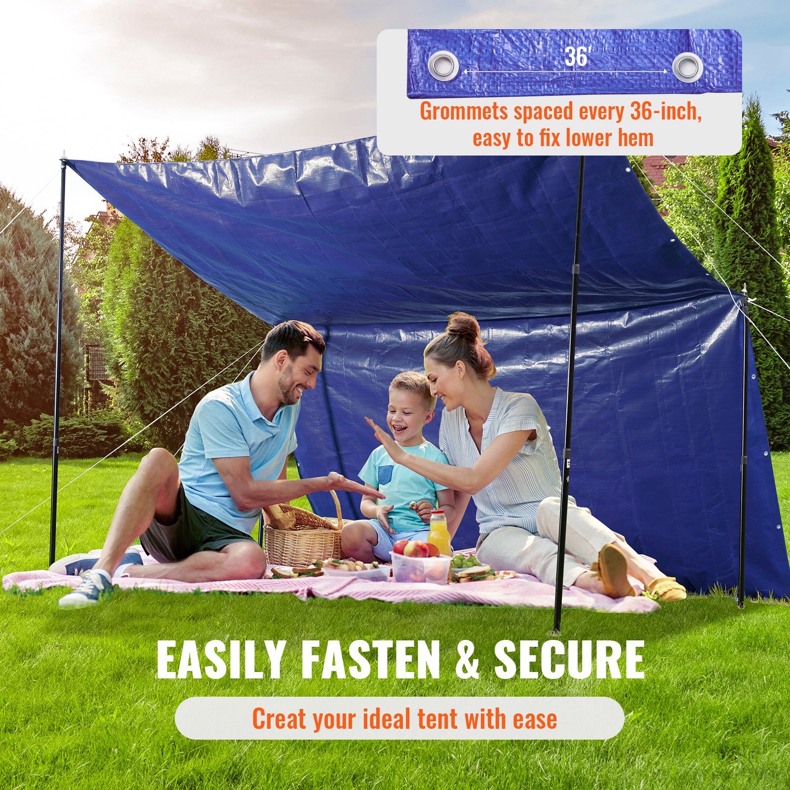 Familia disfrutando de un picnic bajo una lona impermeable VEVOR, fácil de asegurar con ojales cada 36 pulgadas.