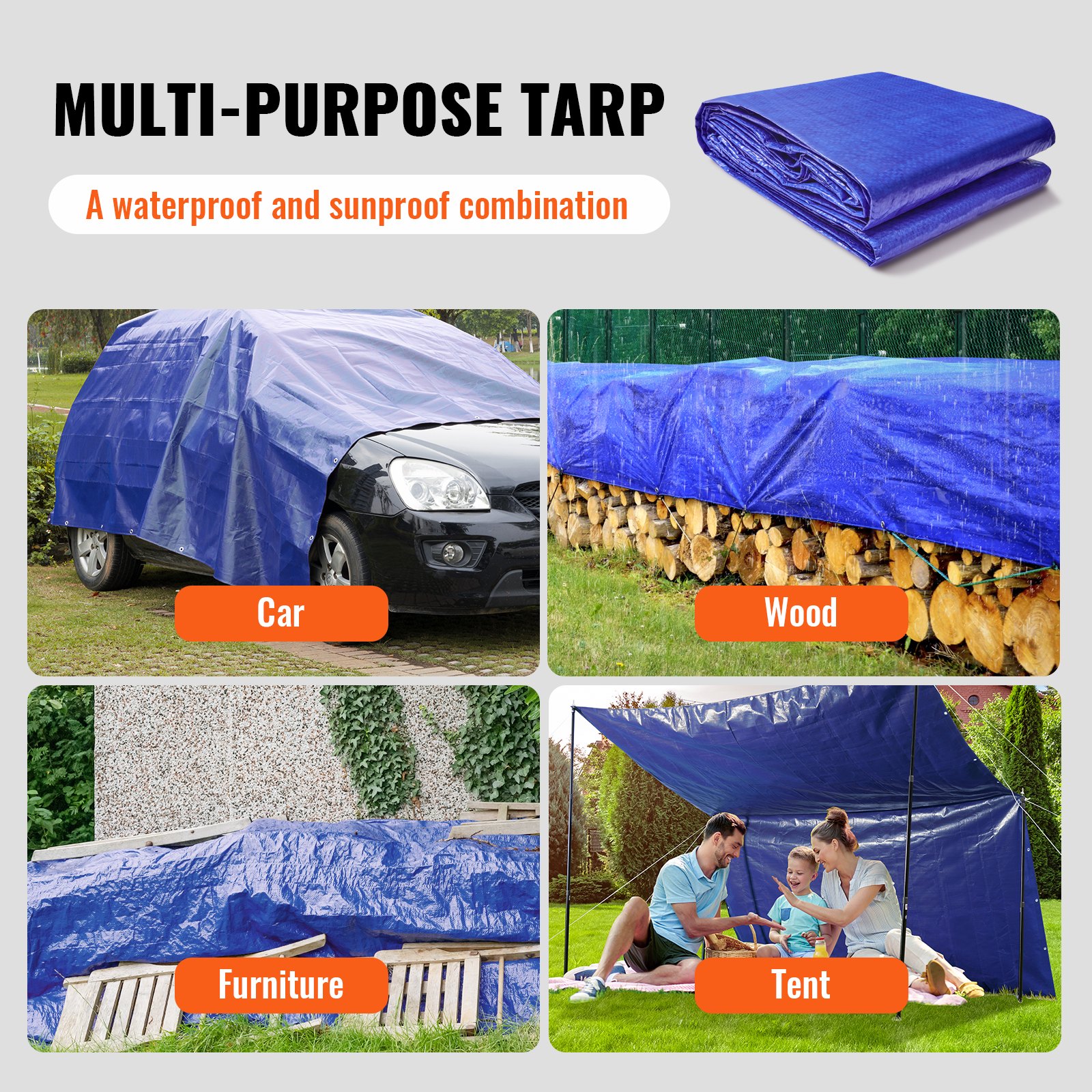 Lona impermeable VEVOR que cubre automóviles, pilas de leña, muebles de exterior y carpas en diversas condiciones climáticas.