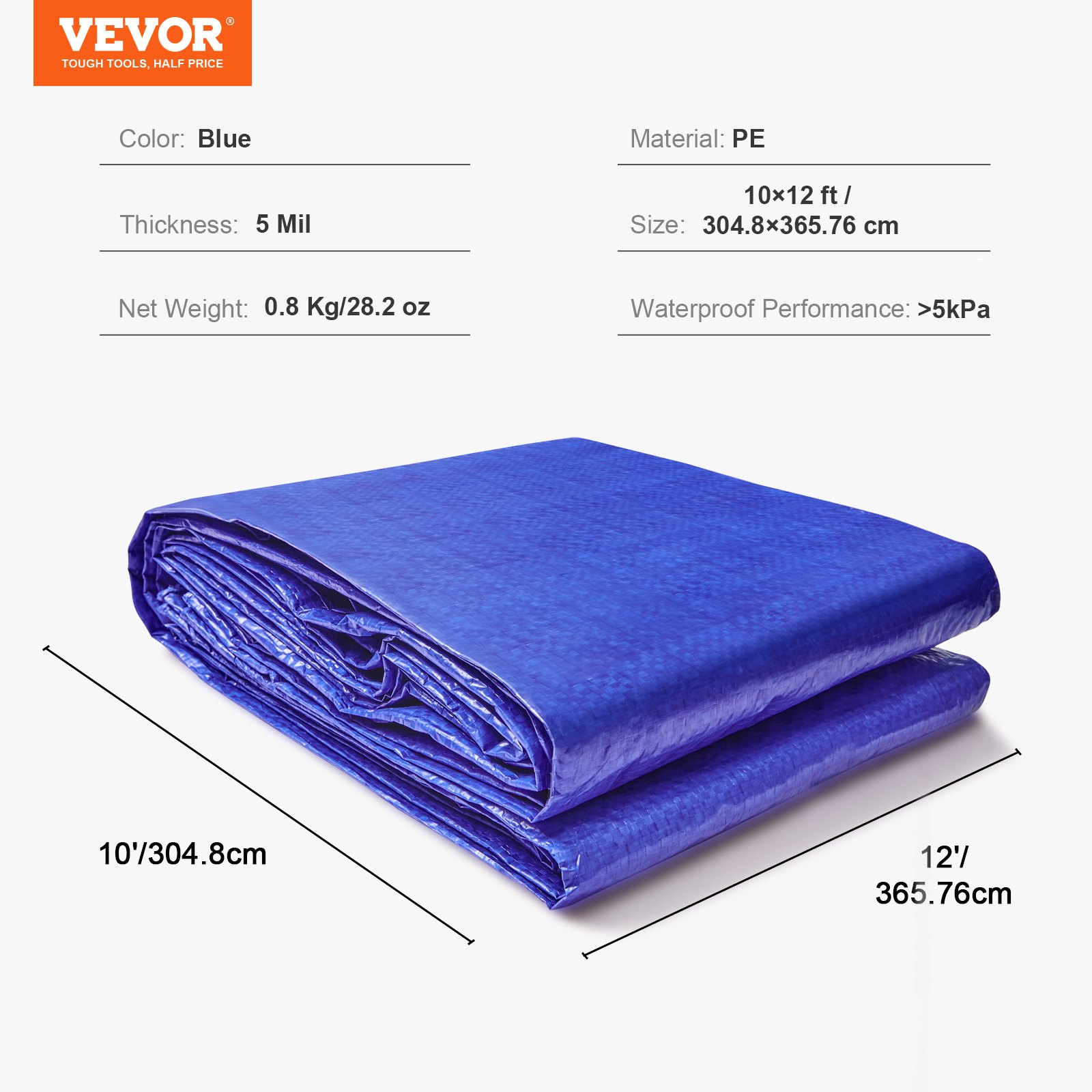 Lona impermeable VEVOR, azul, 10x12 pies, material PE, espesor de 5 mil, peso de 0,8 kg, &gt;5 kPa impermeable.