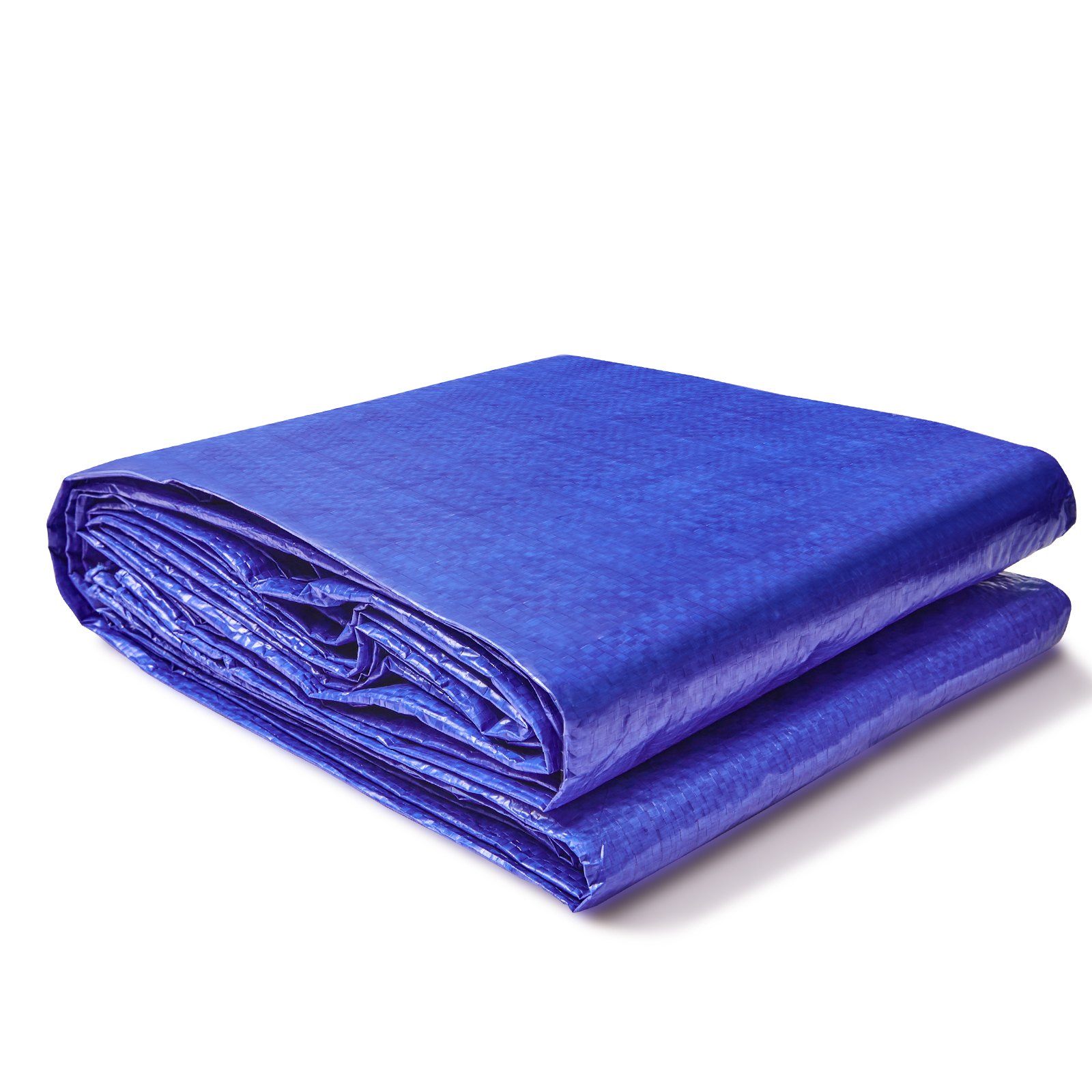 Lona impermeable VEVOR azul plegada sobre fondo blanco. Duradera y versátil para uso en exteriores.