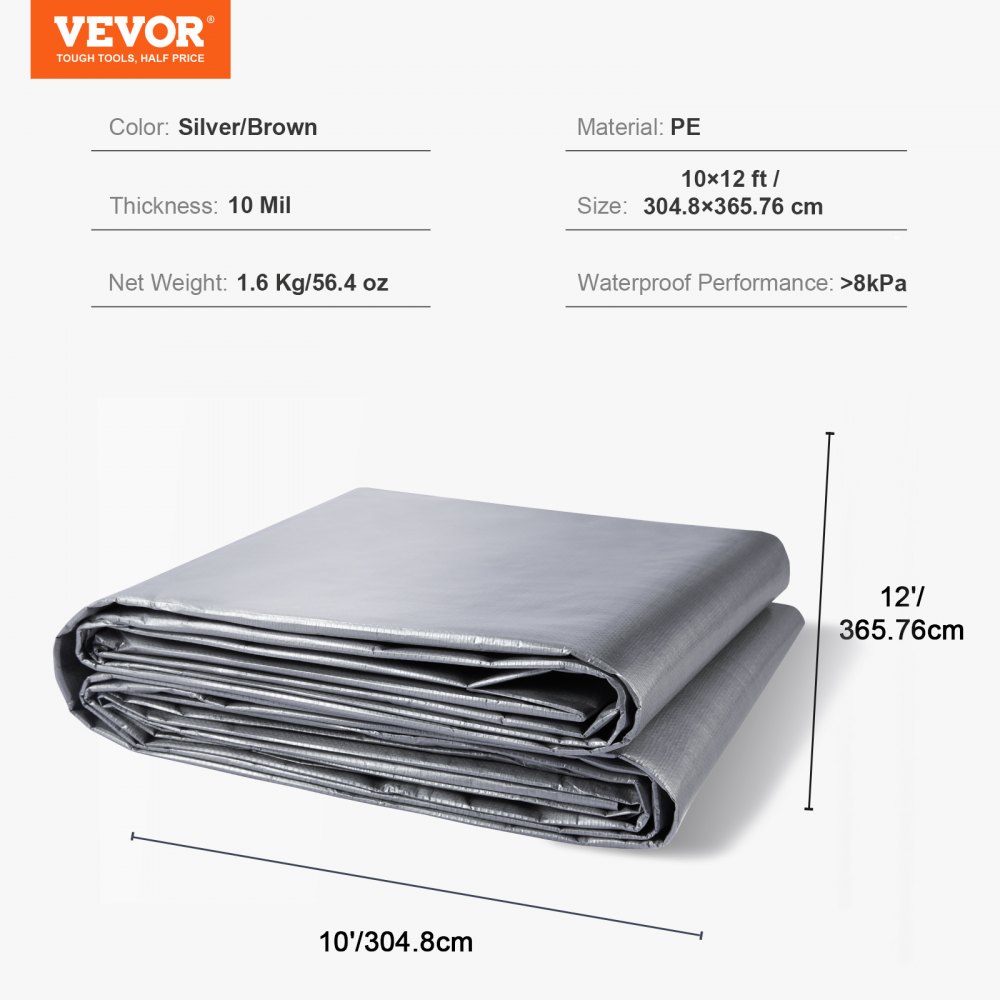 Lona VEVOR, material PE plateado/marrón, tamaño 10x12 pies, grosor de 10 mil, impermeable, plegada.