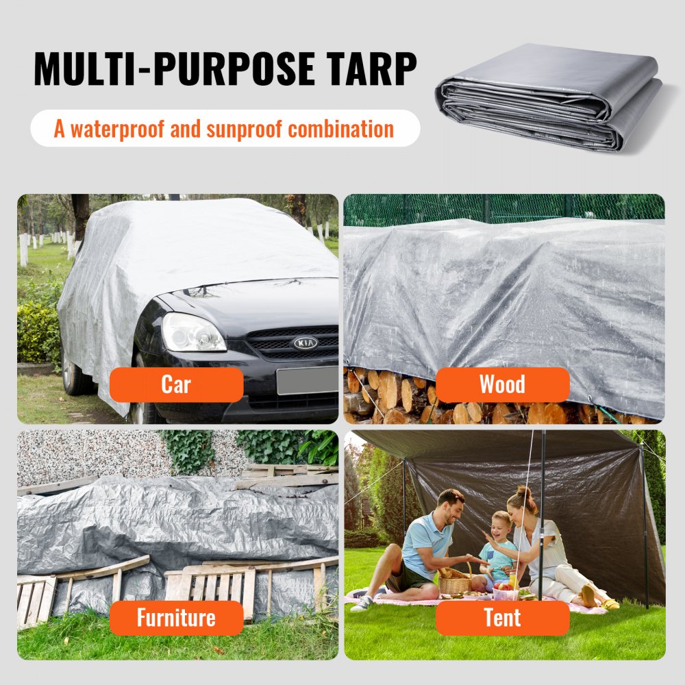 Lona impermeable VEVOR que cubre un automóvil, una pila de madera, muebles y se usa como carpa para picnics.