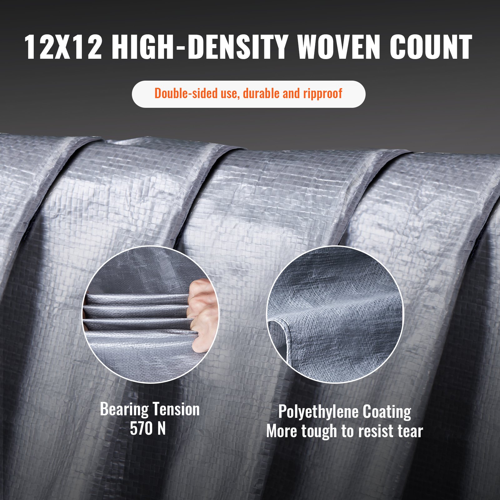Lona impermeable VEVOR con tejido de alta densidad de 12 x 12, uso de doble cara, duradera y resistente al desgarro.