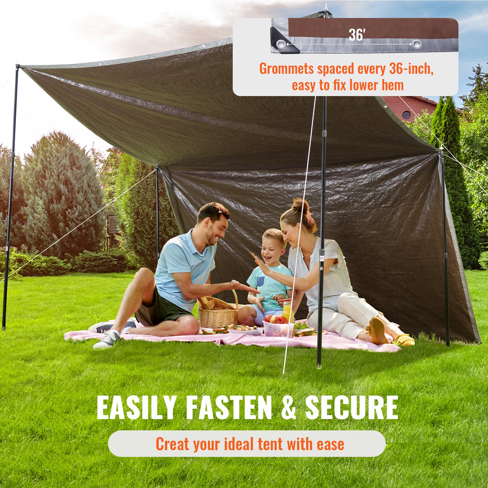Familia disfrutando de un picnic bajo la lona impermeable VEVOR en el patio trasero con ojales para una fácil instalación.