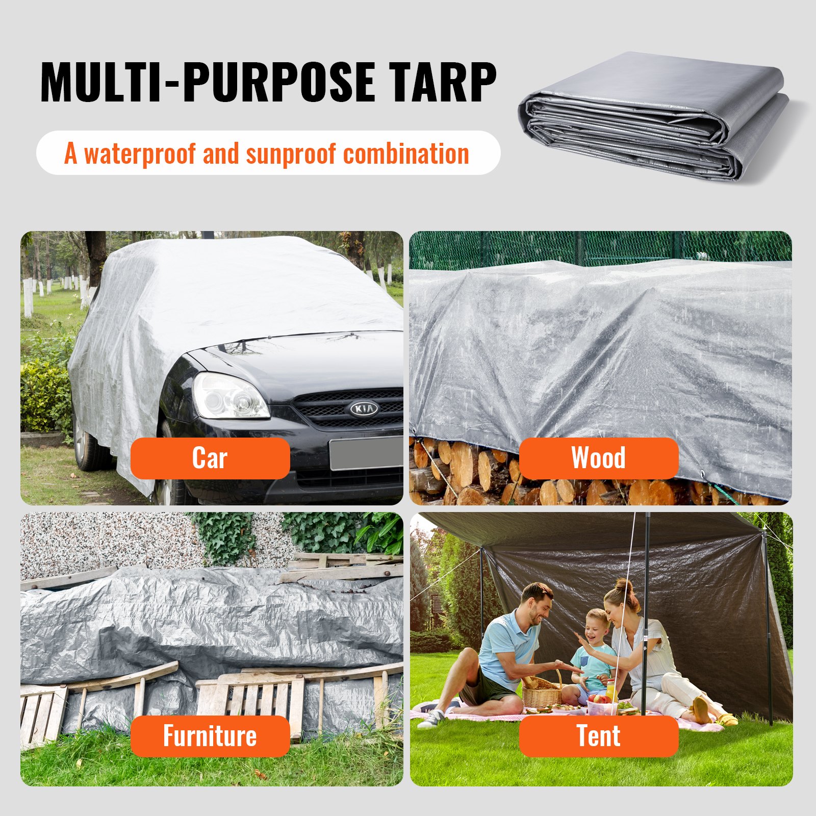 Lona impermeable VEVOR que cubre un automóvil, una pila de madera, muebles y se usa como carpa para picnics.