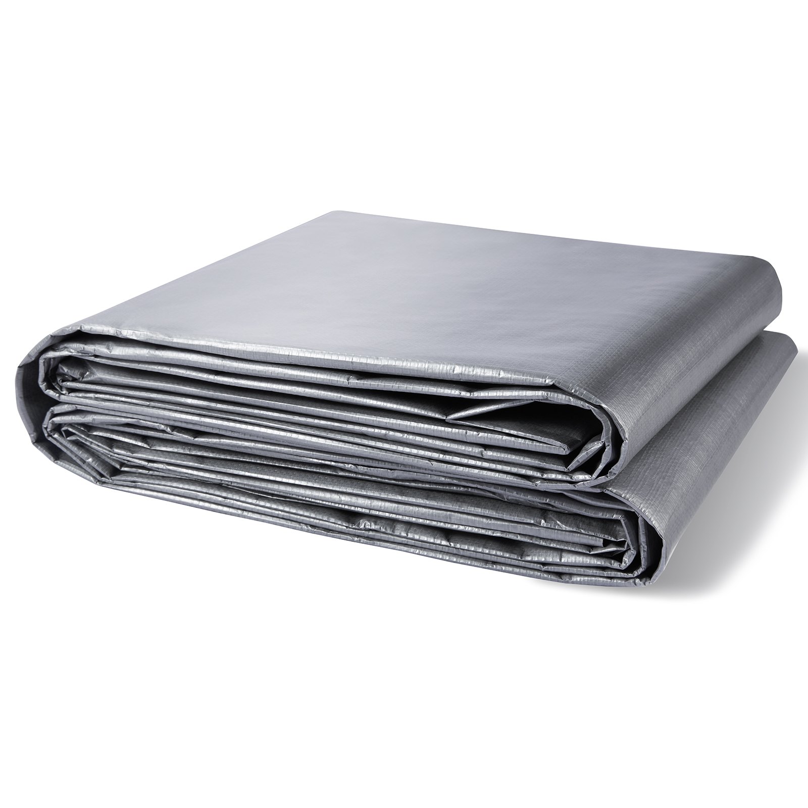 Lona impermeable plateada VEVOR doblada cuidadosamente, mostrando su material duradero y protector.