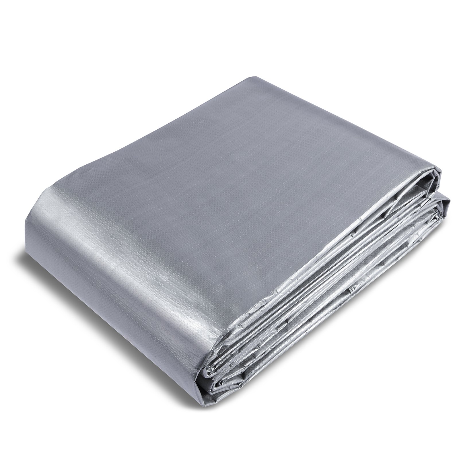 Lona impermeable VEVOR plateada plegada con bordes reforzados para protección exterior. Duradera y resistente a la intemperie.