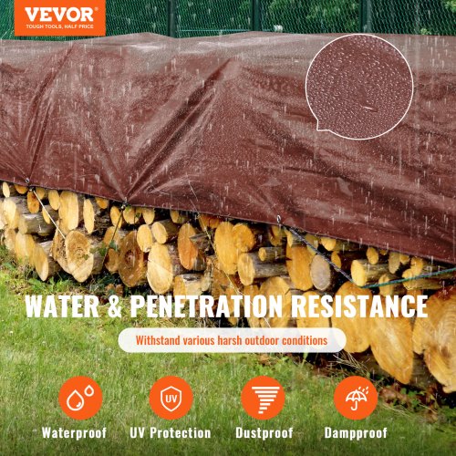 Lona VEVOR resistente al agua de 10 x 12 pies, 16 mil de plástico extra grueso, cubierta de lona azul polivinílica, lona multiusos resistente a los rayos UV y a la temperatura para exteriores con ojales reforzados (marrón)