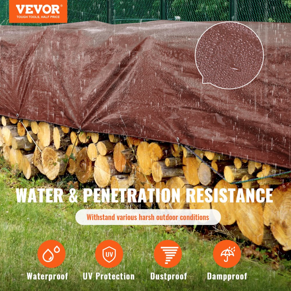 Lona impermeable VEVOR que cubre leña con características resistentes al agua, protección UV, a prueba de polvo y a prueba de humedad.