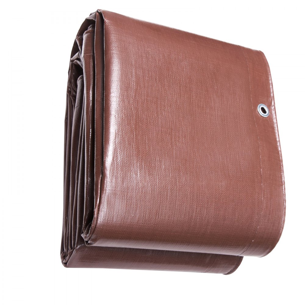 Lona impermeable extra gruesa VEVOR marrón plegada con bordes reforzados y ojales de metal.