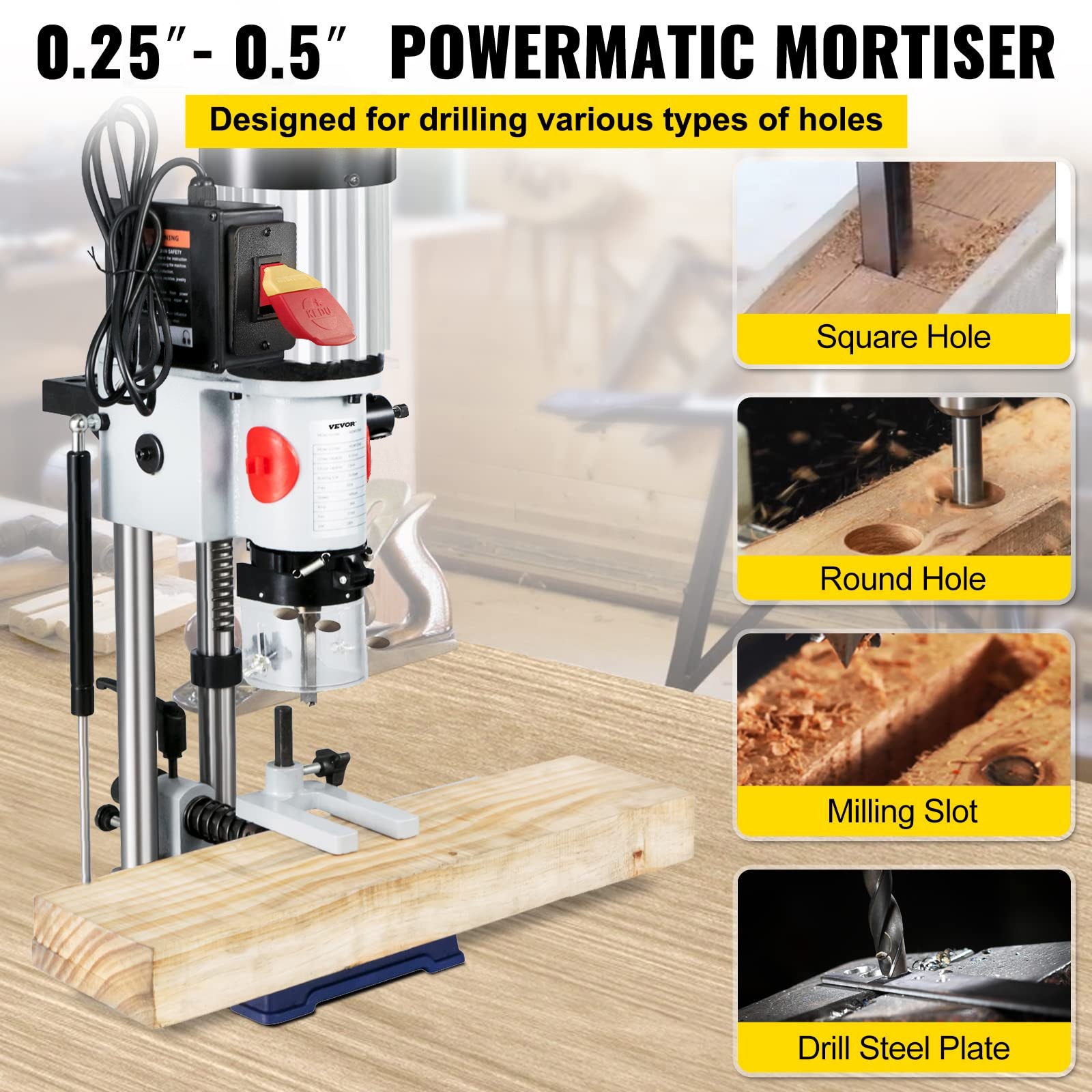 Máquina de mortajar para carpintería VEVOR, mortajadora Powermatic de 3/4 HP 3400RPM con juegos de puntas de cincel, máquina de mortajar de banco, para hacer agujeros redondos, agujeros cuadrados o agujeros cuadrados especiales en madera