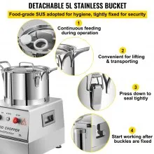 VEVOR 110V Procesador de alimentos comercial 5L Capacidad 550W Cortador de alimentos eléctrico 1400RPM Procesador de alimentos de acero inoxidable Perfecto para verduras Frutas Granos Maní Jengibre Ajo
