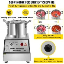 VEVOR 110V Procesador de alimentos comercial 5L Capacidad 550W Cortador de alimentos eléctrico 1400RPM Procesador de alimentos de acero inoxidable Perfecto para verduras Frutas Granos Maní Jengibre Ajo