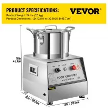 VEVOR 110V Procesador de alimentos comercial 5L Capacidad 550W Cortador de alimentos eléctrico 1400RPM Procesador de alimentos de acero inoxidable Perfecto para verduras Frutas Granos Maní Jengibre Ajo