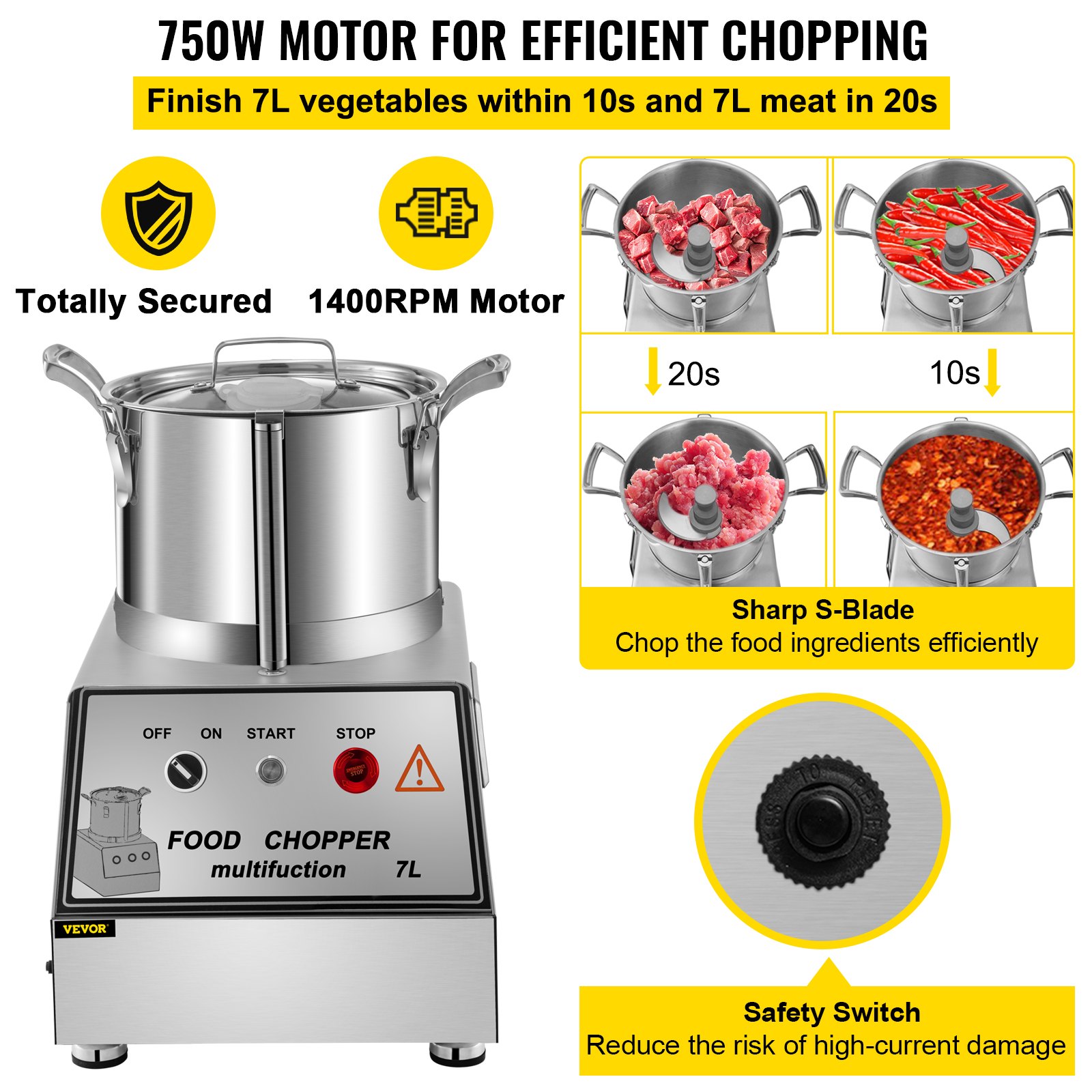 VEVOR 110V Procesador de alimentos comercial 7L Capacidad 750W Cortador de alimentos eléctrico Mezclador 1400RPM Procesador de acero inoxidable Perfecto para verduras Frutas Granos Maní Jengibre Ajo