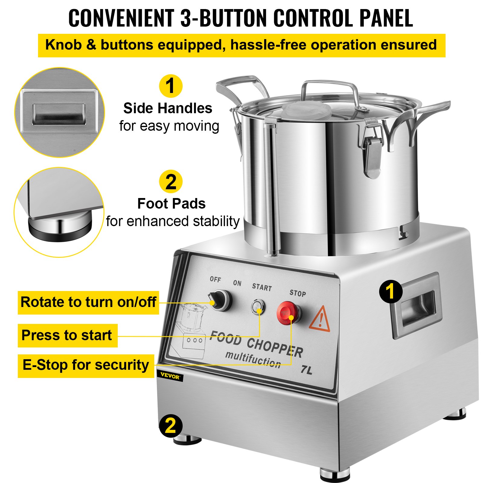 VEVOR 110V Procesador de alimentos comercial 7L Capacidad 750W Cortador de alimentos eléctrico Mezclador 1400RPM Procesador de acero inoxidable Perfecto para verduras Frutas Granos Maní Jengibre Ajo