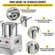VEVOR 110V Procesador de alimentos comercial 10L Capacidad 1100W Cortador de alimentos eléctrico 1400RPM Procesador de alimentos de acero inoxidable Perfecto para vegetales Frutas Granos Maní Jengibre Ajo
