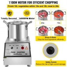 VEVOR 110V Procesador de alimentos comercial 10L Capacidad 1100W Cortador de alimentos eléctrico 1400RPM Procesador de alimentos de acero inoxidable Perfecto para vegetales Frutas Granos Maní Jengibre Ajo