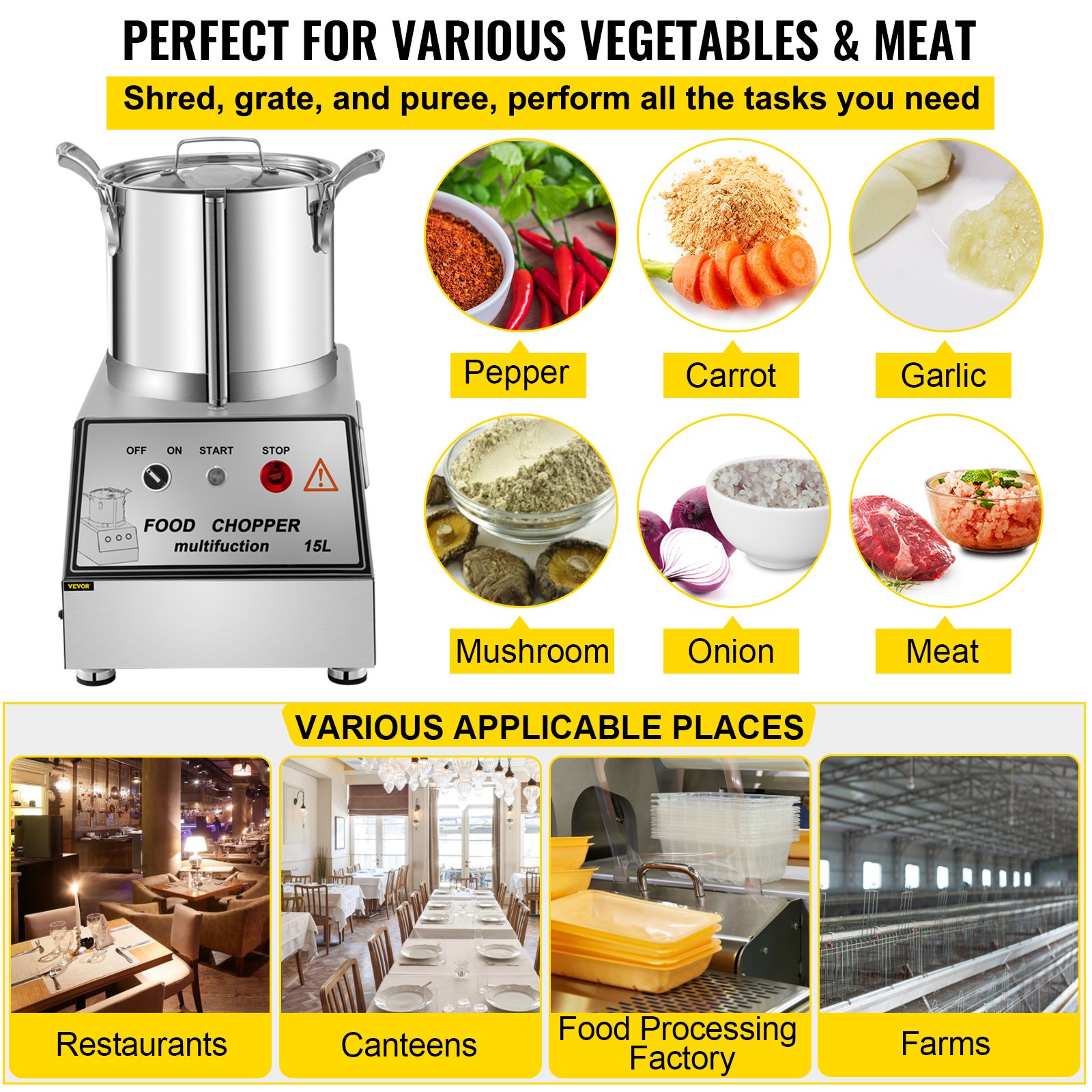 VEVOR 110V Procesador de alimentos comercial 15L Molinillo de granos de acero inoxidable 1400W Molinillo de alimentos eléctrico Mezclador perfecto para relleno de carne o vegetales, mermelada de frutas o maní, polvo de granos