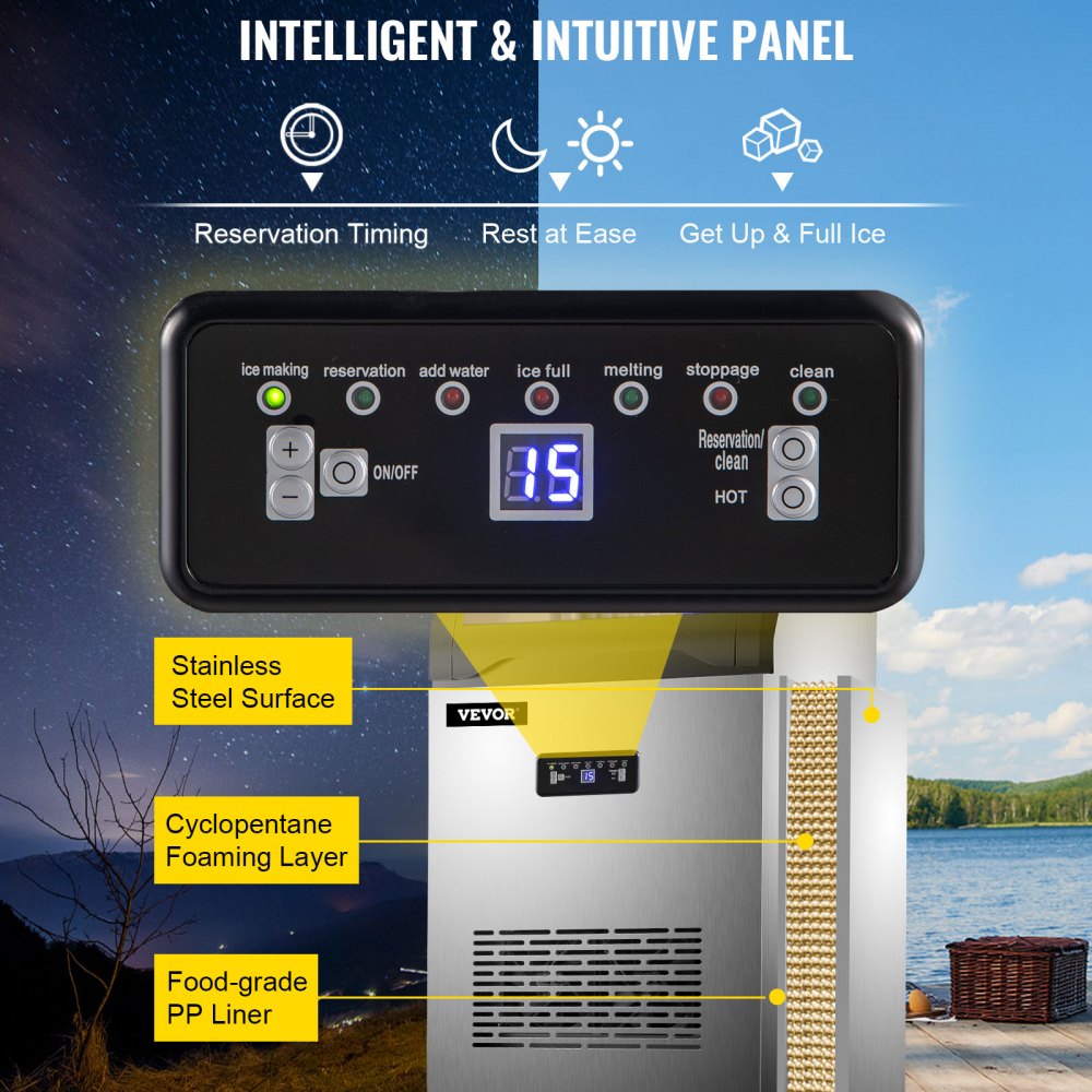 VEVOR Maquina De Hielo Fabricador De Hielo Máquina para hacer hielo comercial máquina de hielo de acero inoxidable de 120 LBS/24H con almacenamiento
