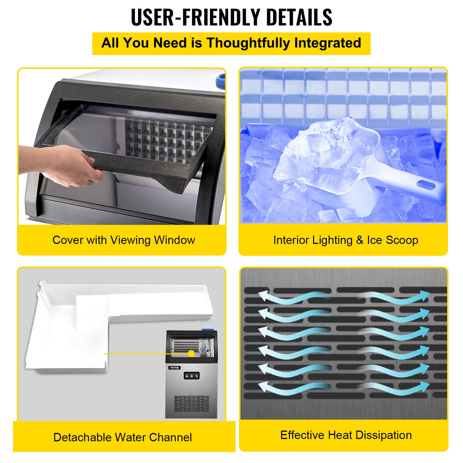 VEVOR Maquina De Hielo Fabricador De Hielo Máquina para hacer hielo comercial máquina de hielo de acero inoxidable de 120 LBS/24H con almacenamiento