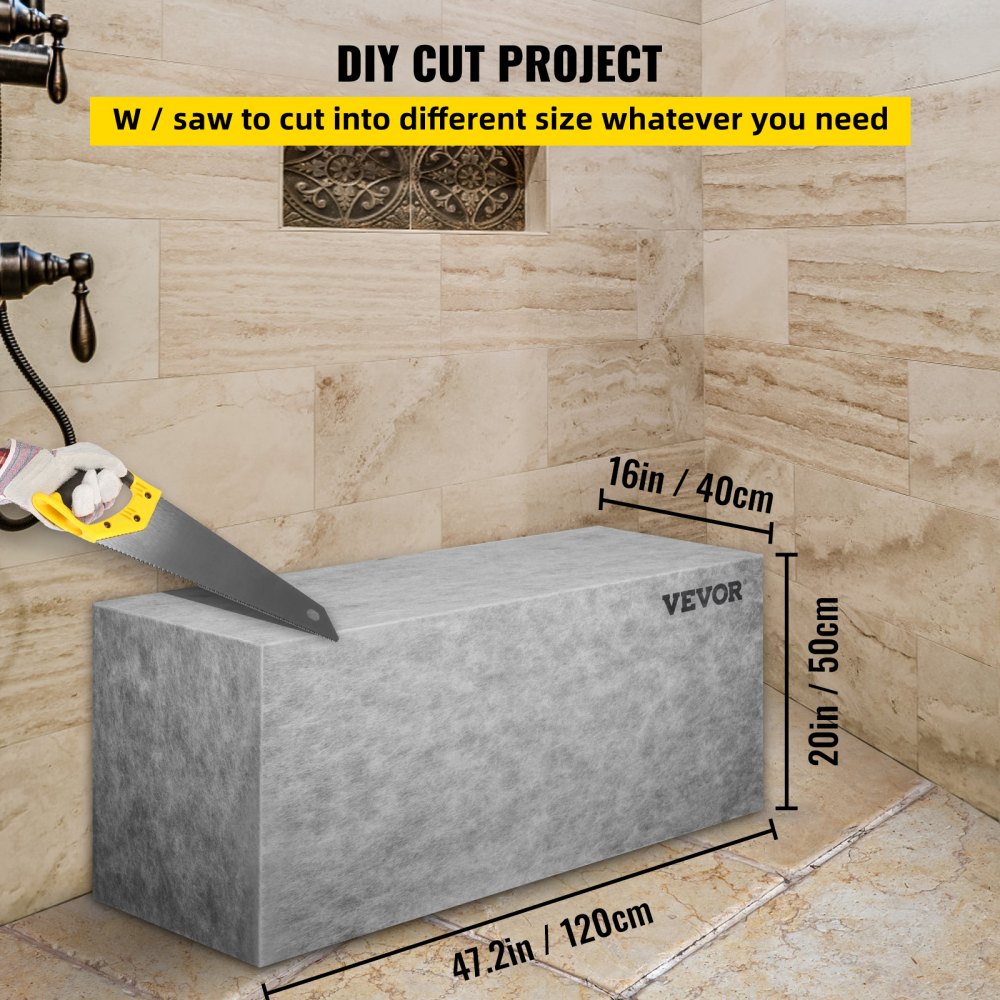 Serrado a mano del asiento de ducha de azulejos VEVOR para un proyecto de corte de bricolaje contra una pared de baño revestida de azulejos.