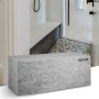 Asiento de ducha con azulejos VEVOR en baño moderno con suelo de guijarros de piedra y elegantes detalles de azulejos oscuros.