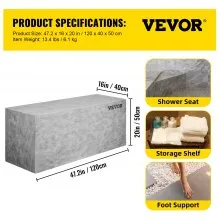 VEVOR Asiento de ducha para azulejos, 47.2 x 16 x 20 pulgadas, listo para azulejos, asiento de ducha, impermeable de fábrica y 100 % a prueba de fugas, asiento de esquina de ducha para azulejos, banco de ducha rectangular de carga de 440 libras, gris