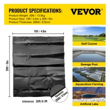 VEVOR LLDPE Pond Liner 15x20 ft, Pond Liner 20 Mil, Fish Pond Liners para cascada, estanque y estanques de peces