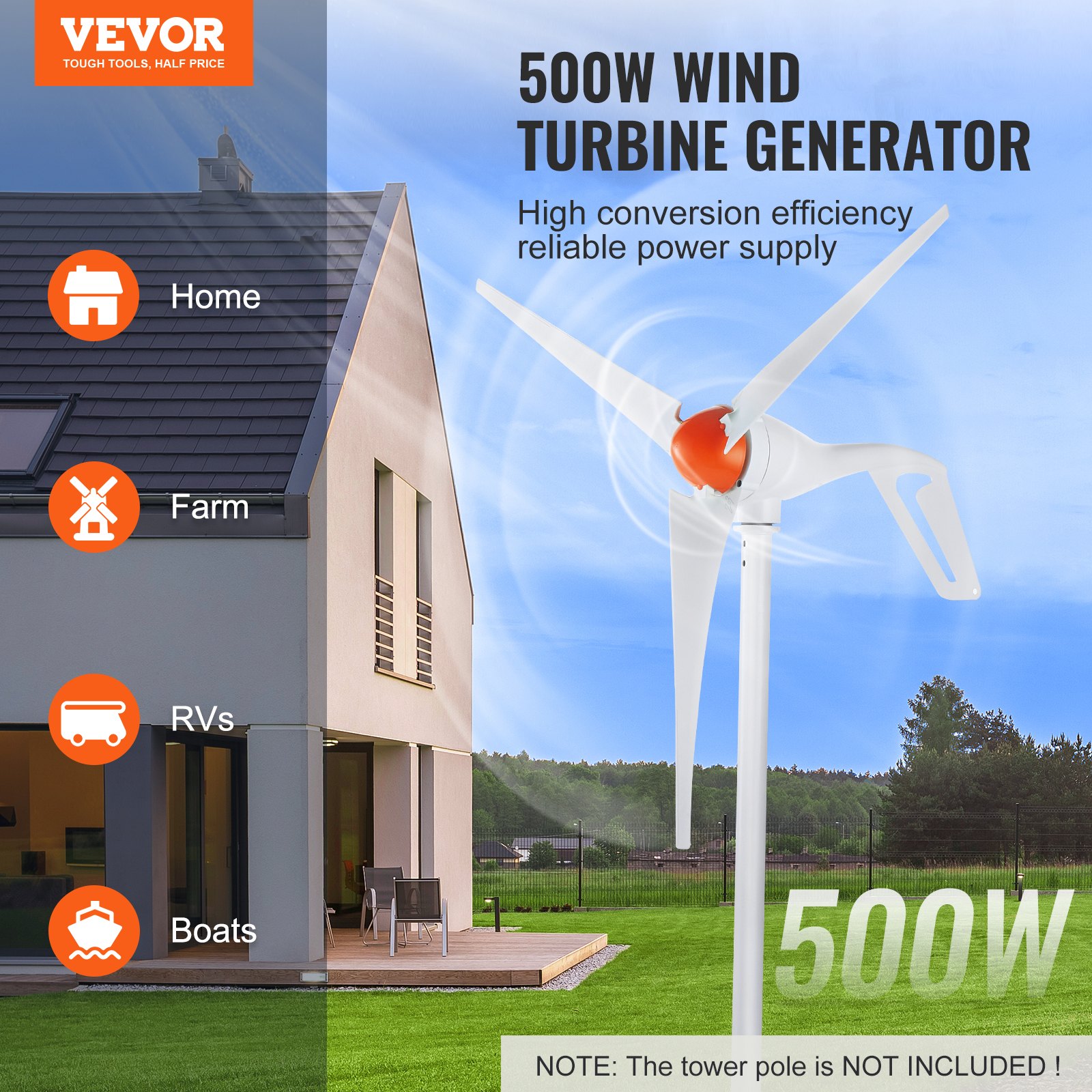 VEVOR Generador de turbina eólica de 500 W, kit de turbina eólica de 12 V, generador de energía eólica de 3 palas con controlador MPPT, dirección de barlovento ajustable y velocidad del viento de arranque de 2,5 m/s, adecuado para el hogar, granja, vehículos recreativos, barcos