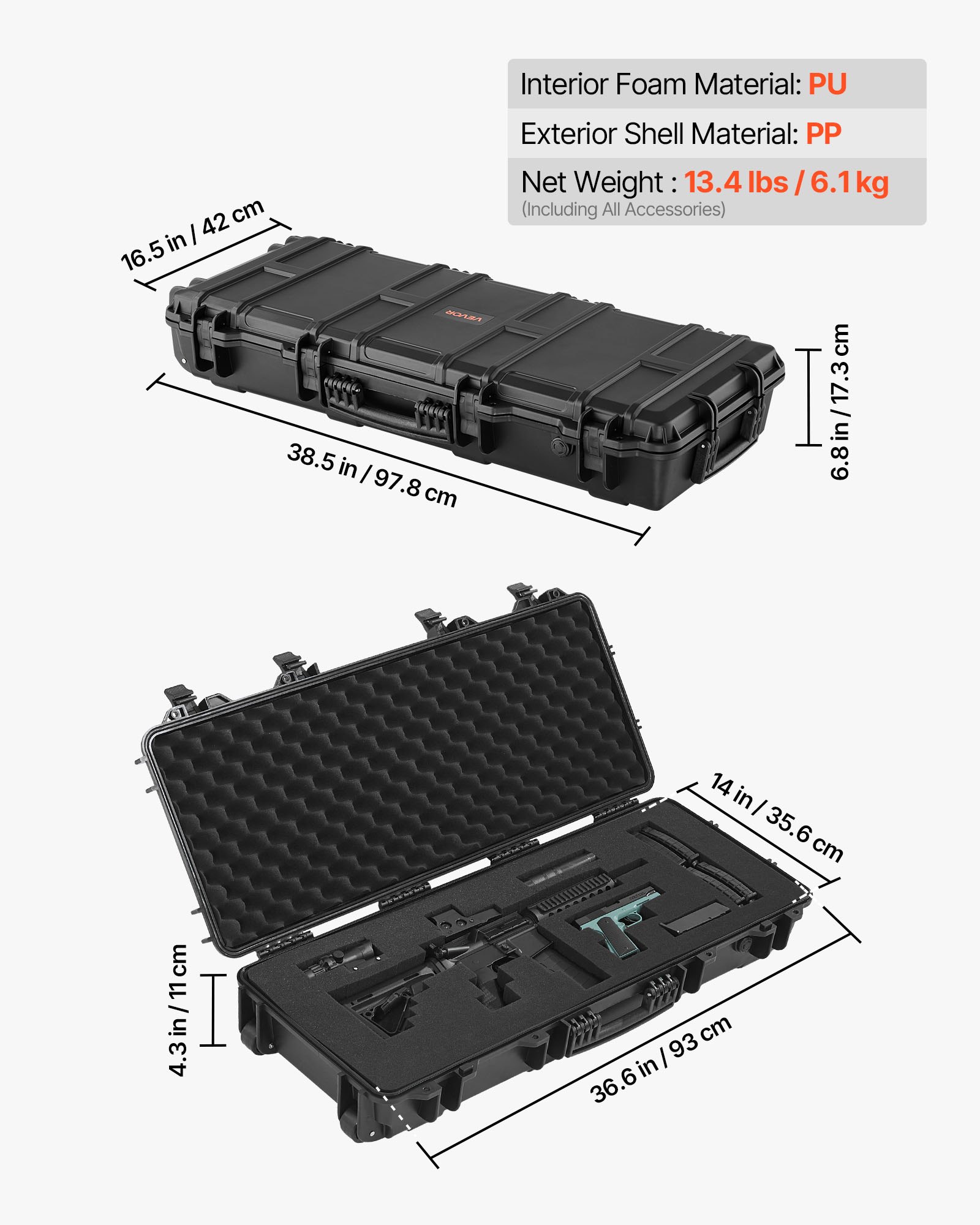 VEVOR - Estuche rígido para rifle con cerradura, 4 capas de espuma precortada, 91 cm (36 pulgadas) con ruedas, resistente al agua y al polvo, IP67, para rifles, escopetas y pistolas de airsoft, color negro