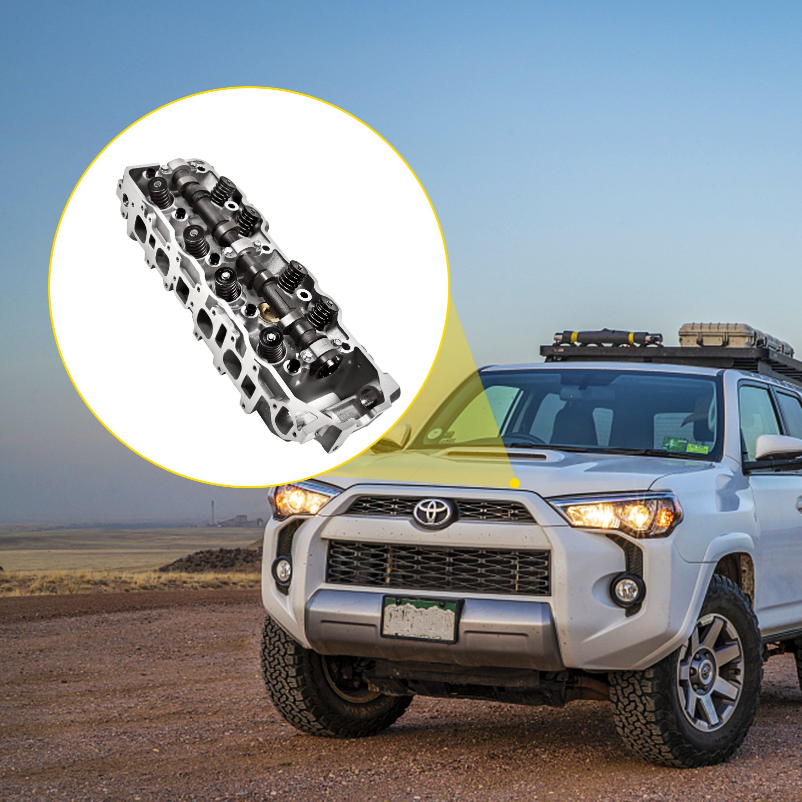 Culata VEVOR 22re resaltada sobre un todoterreno Toyota en un entorno escénico al aire libre.