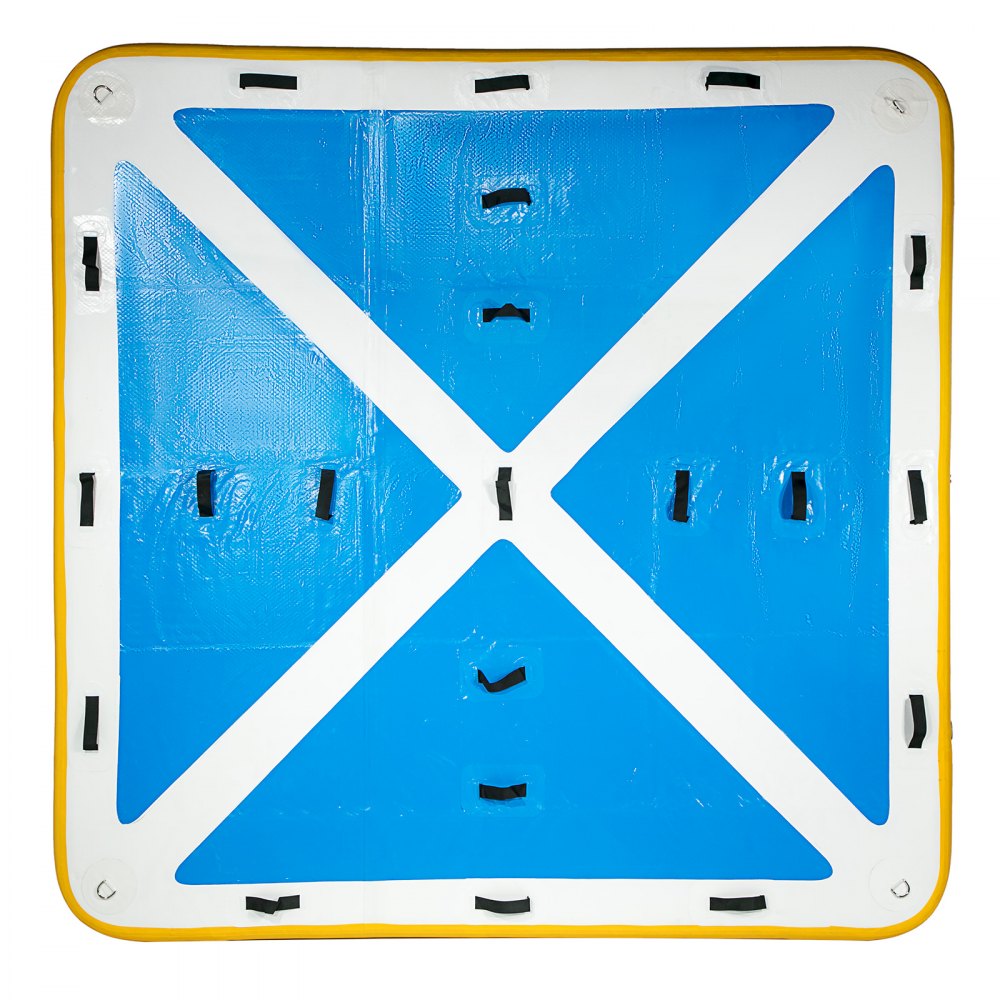 Muelle flotante inflable VEVOR con diseño azul y blanco, múltiples asas negras.