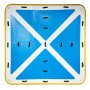 Muelle flotante inflable VEVOR con diseño azul y blanco, múltiples asas negras.