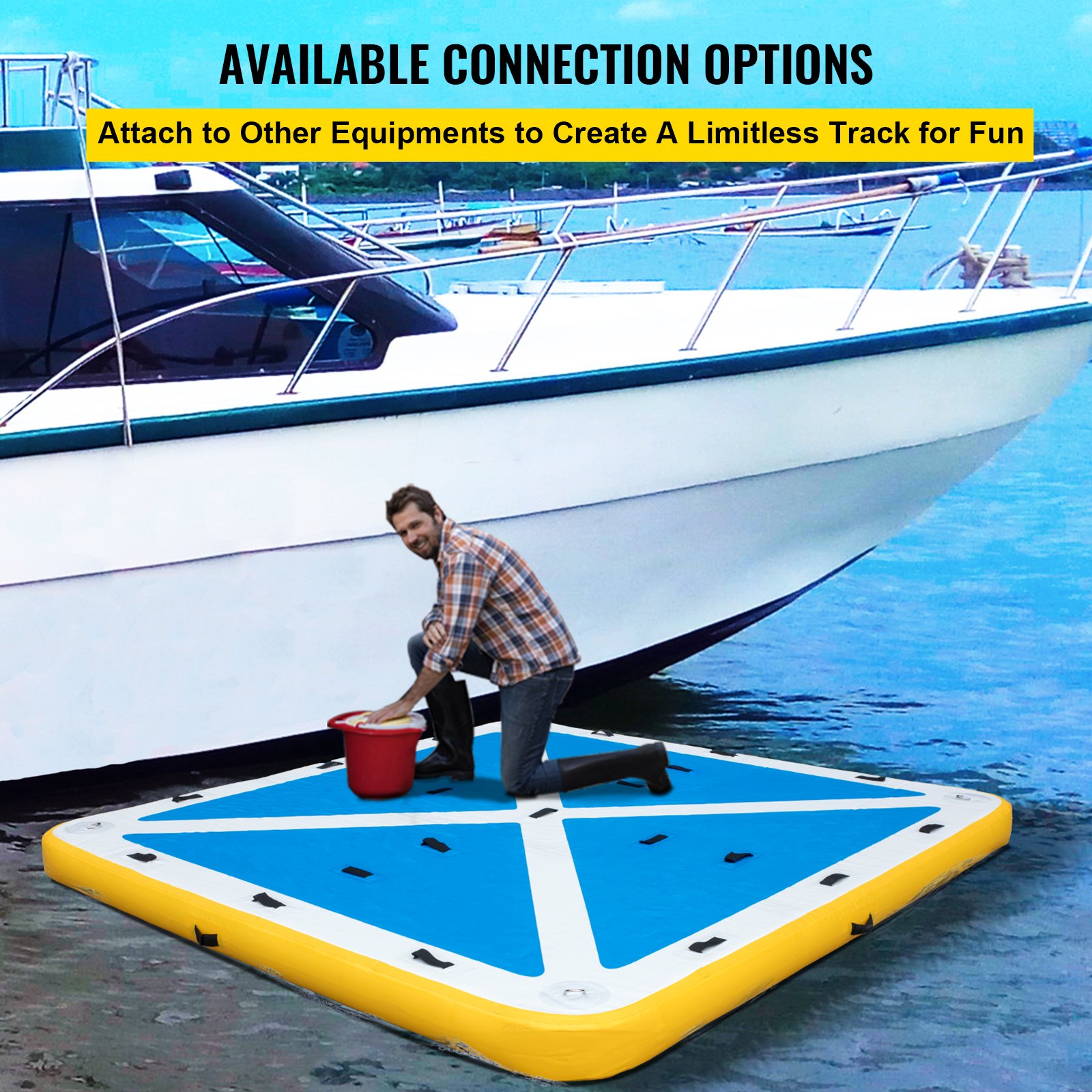 Muelle flotante inflable VEVOR junto a un barco, hombre arrodillado con un cubo rojo.
