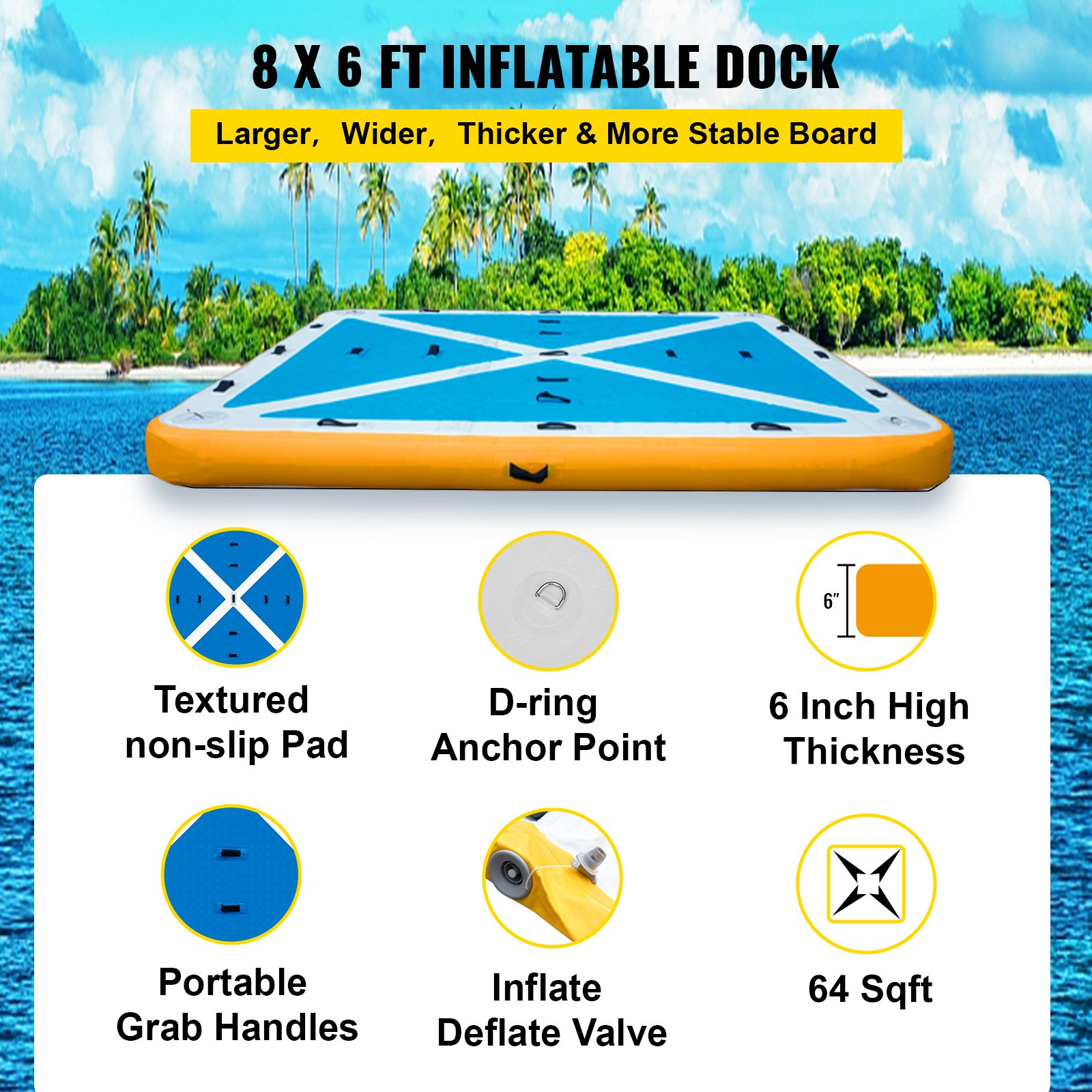 Muelle flotante inflable VEVOR, 8x6 pies, con almohadilla texturizada y asas portátiles.