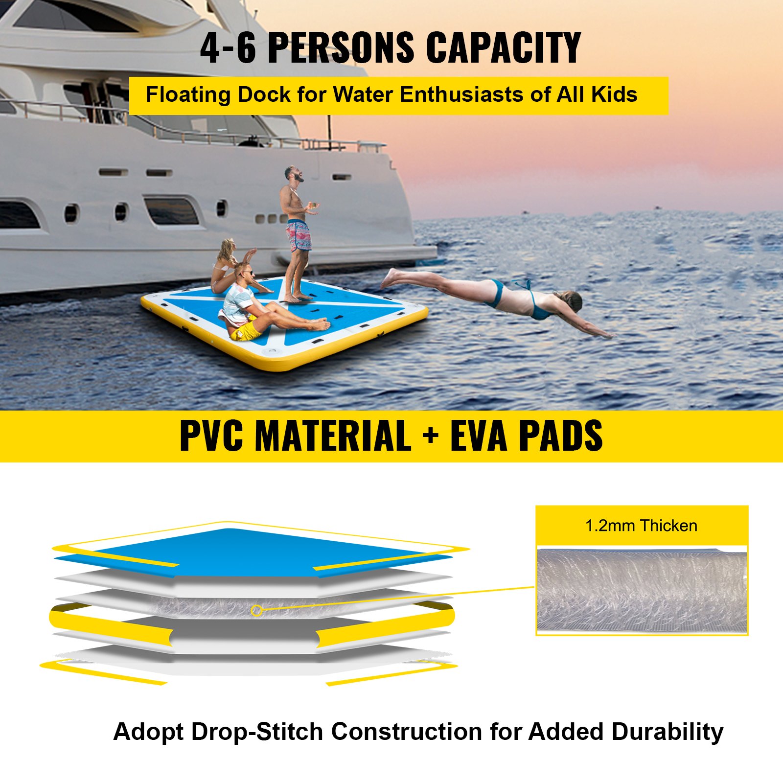 Muelle flotante inflable VEVOR para 4-6 personas, fabricado con pvc duradero y almohadillas de eva.