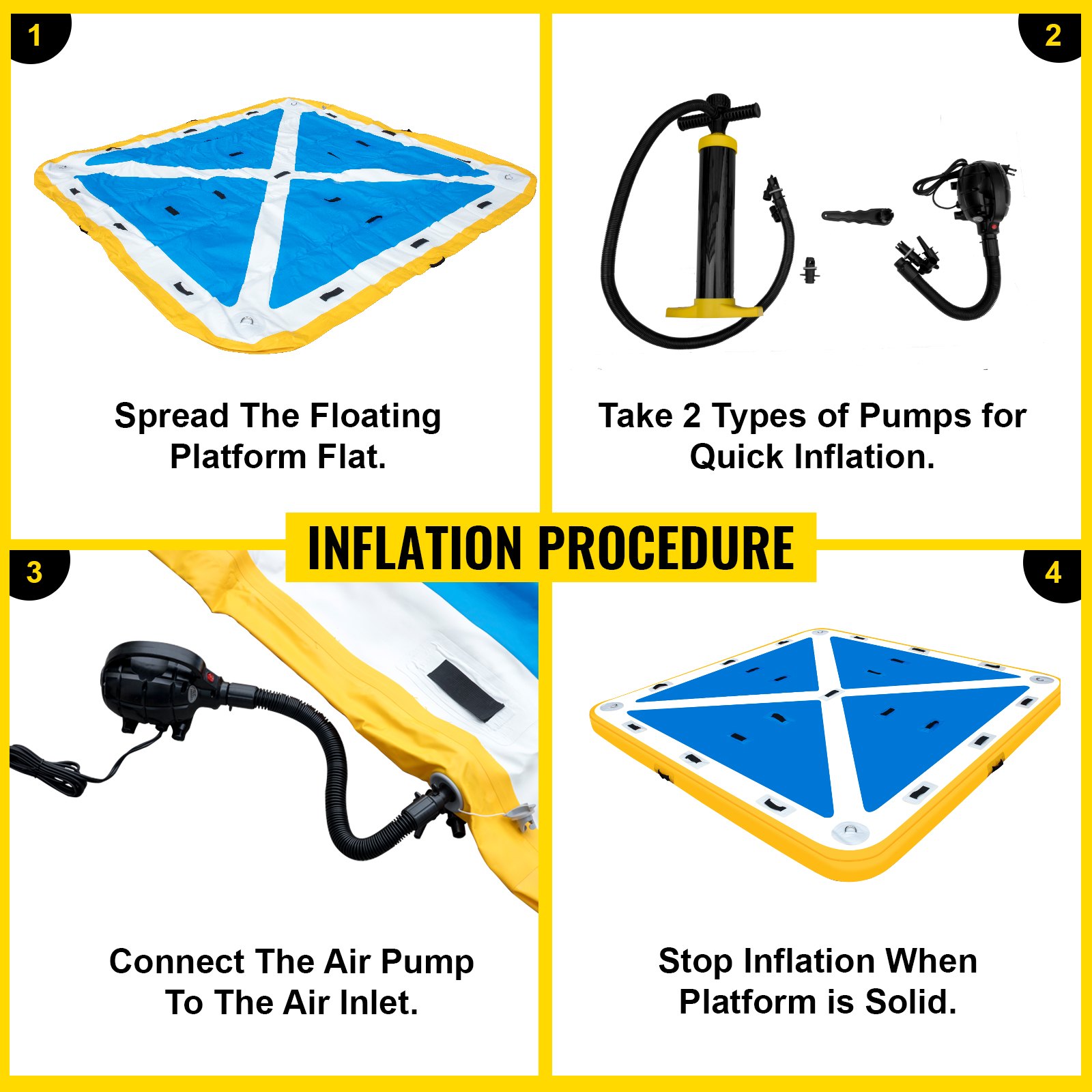 Pasos de inflado del muelle flotante inflable VEVOR: desplegar, conectar bombas, inflar, plataforma sólida.