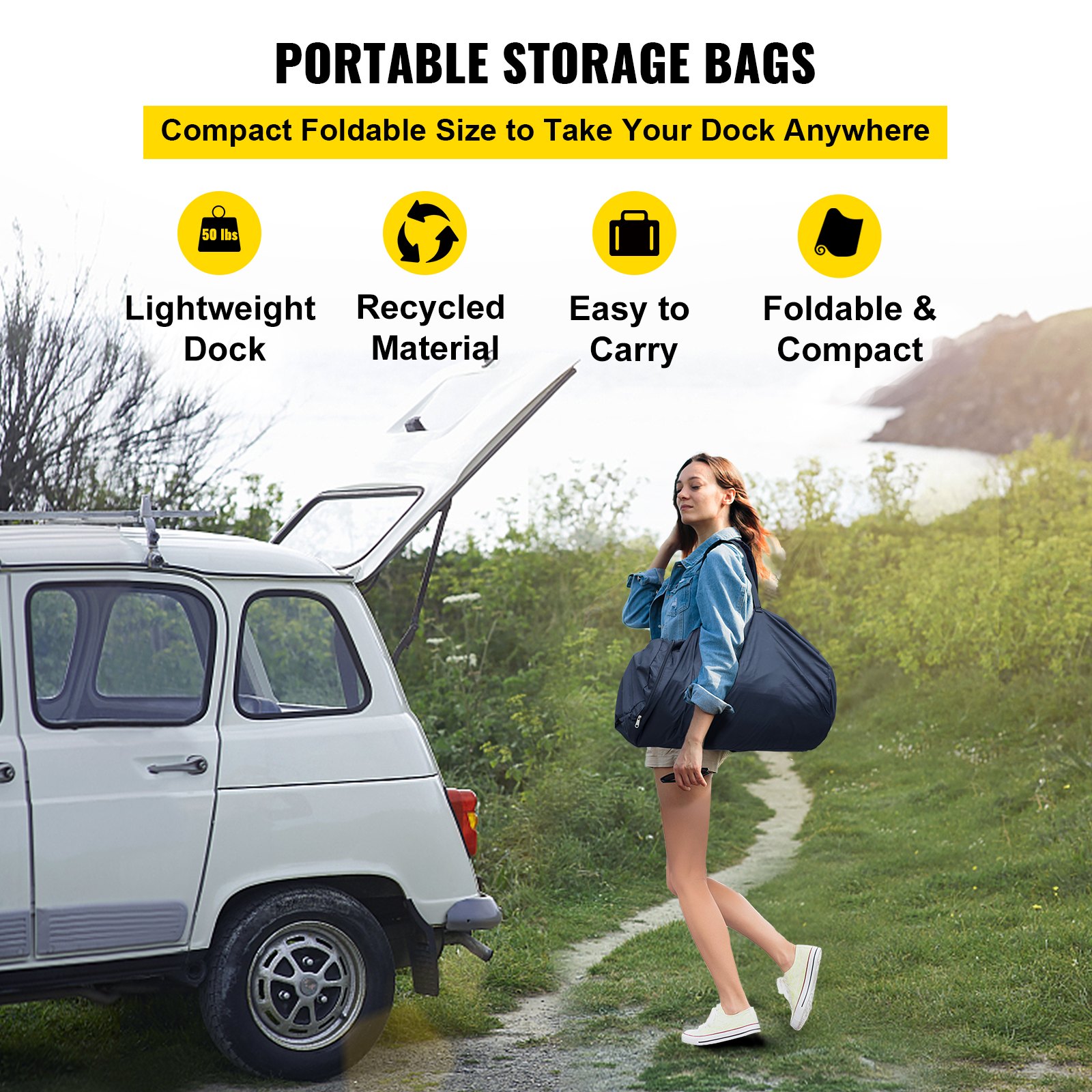 Muelle flotante inflable VEVOR fácil de transportar en una bolsa plegable compacta en el automóvil.