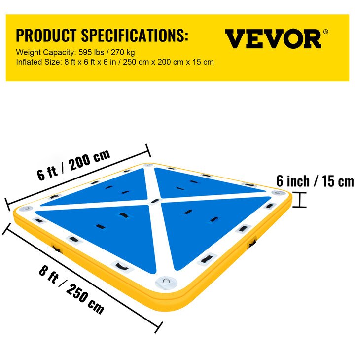 Dimensiones del muelle flotante inflable VEVOR: 8 pies x 6 pies x 6 pulgadas, capacidad de 595 libras.