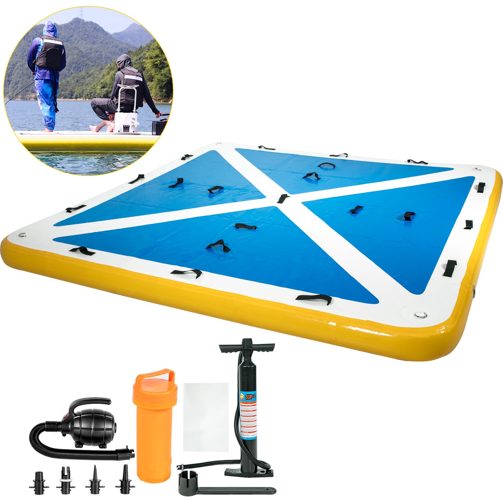 Muelle flotante inflable VEVOR con accesorios y configuración de lago.
