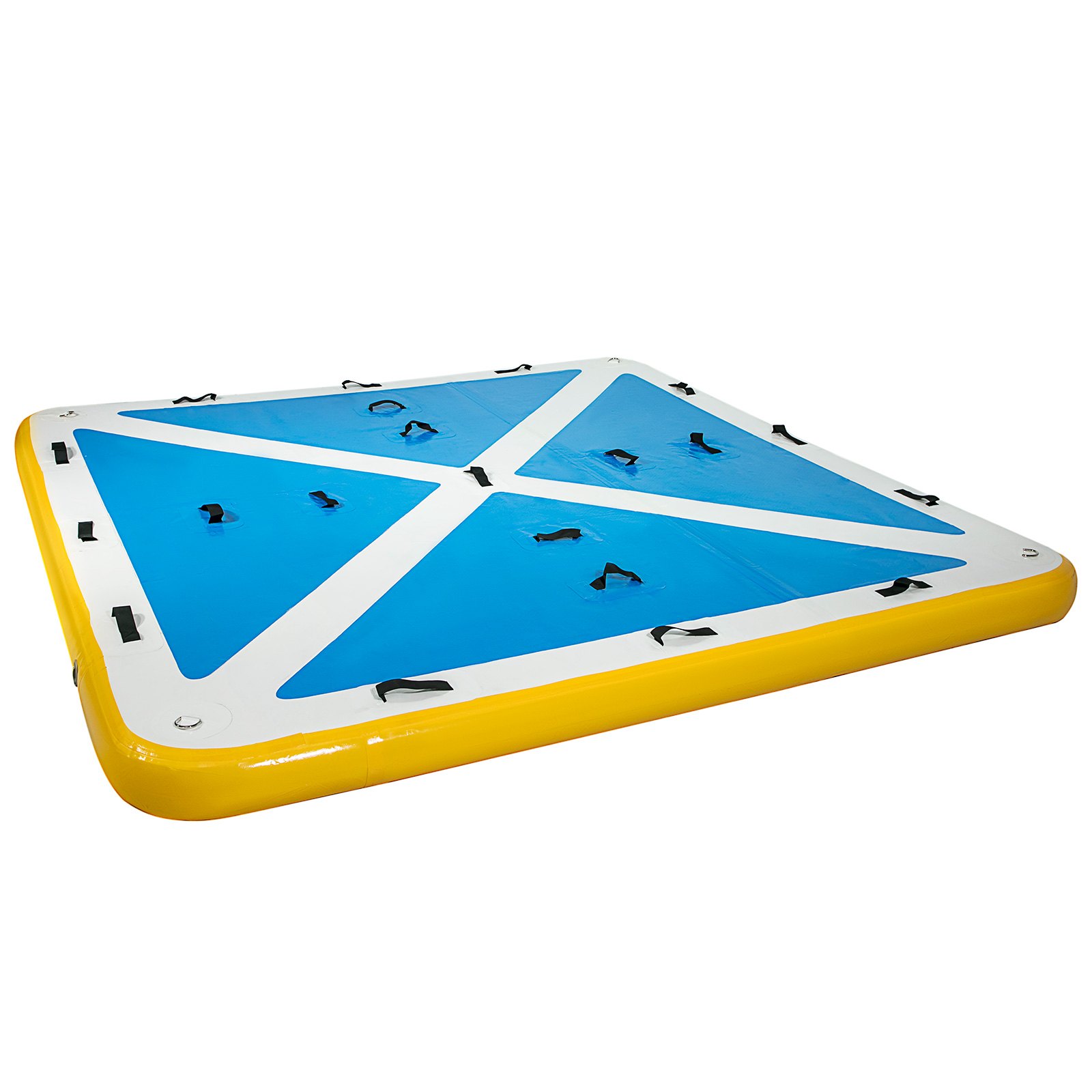 Muelle flotante inflable VEVOR azul y amarillo con múltiples asas.