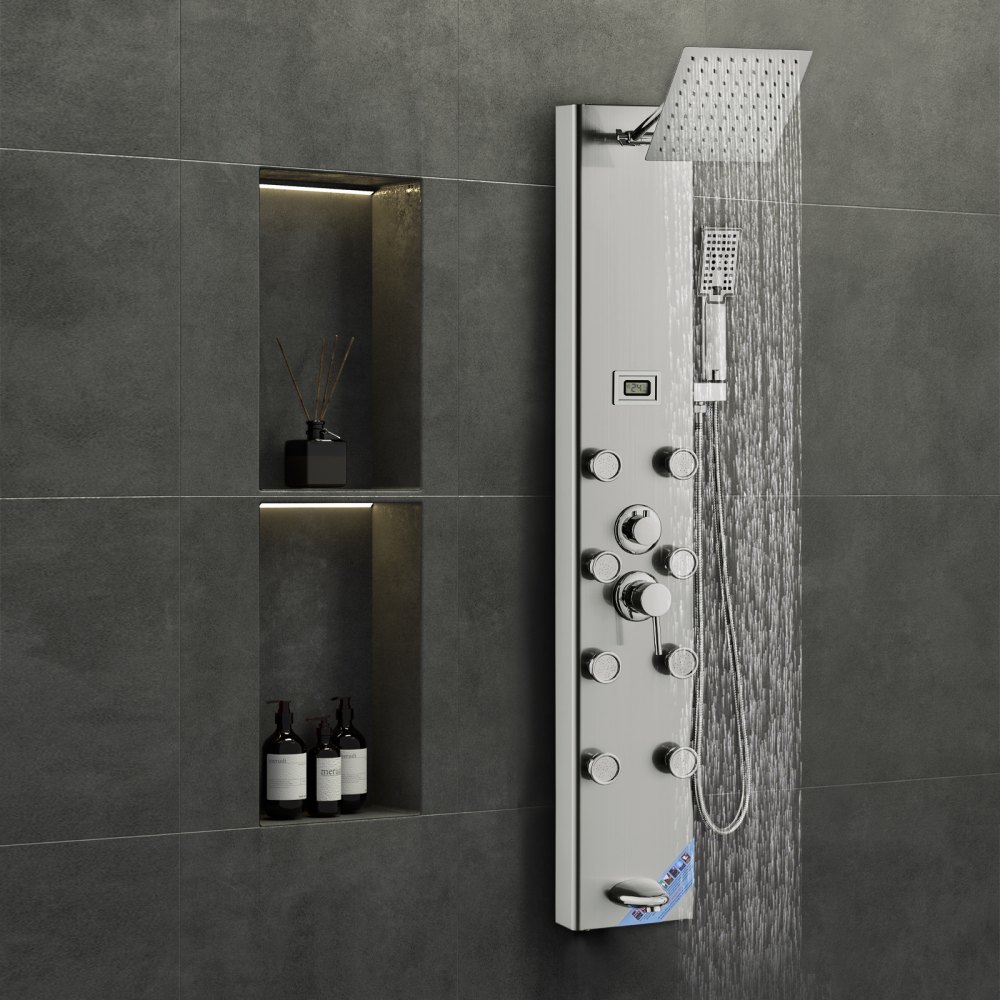 VEVOR Sistema de panel de ducha, 5 modos de ducha, torre de panel de ducha con pantalla digital, lluvia, 8 chorros de masaje, boquilla para bañera, cabezal de ducha de mano de 3 ajustes, manguera de 59 pulgadas, juego de ducha de pared de acero inoxidable
