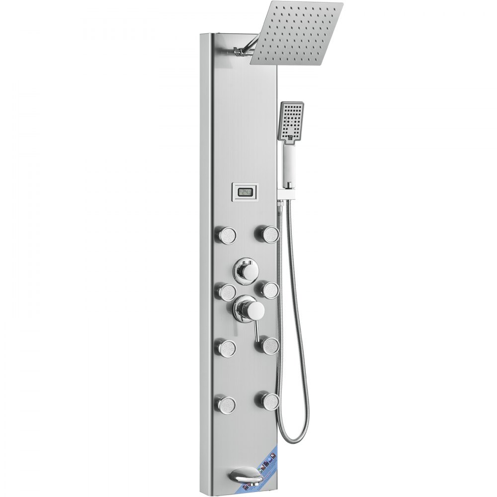 VEVOR Sistema de panel de ducha, 5 modos de ducha, torre de panel de ducha con pantalla digital, lluvia, 8 chorros de masaje, boquilla para bañera, cabezal de ducha de mano de 3 ajustes, manguera de 59 pulgadas, juego de ducha de pared de acero inoxidable