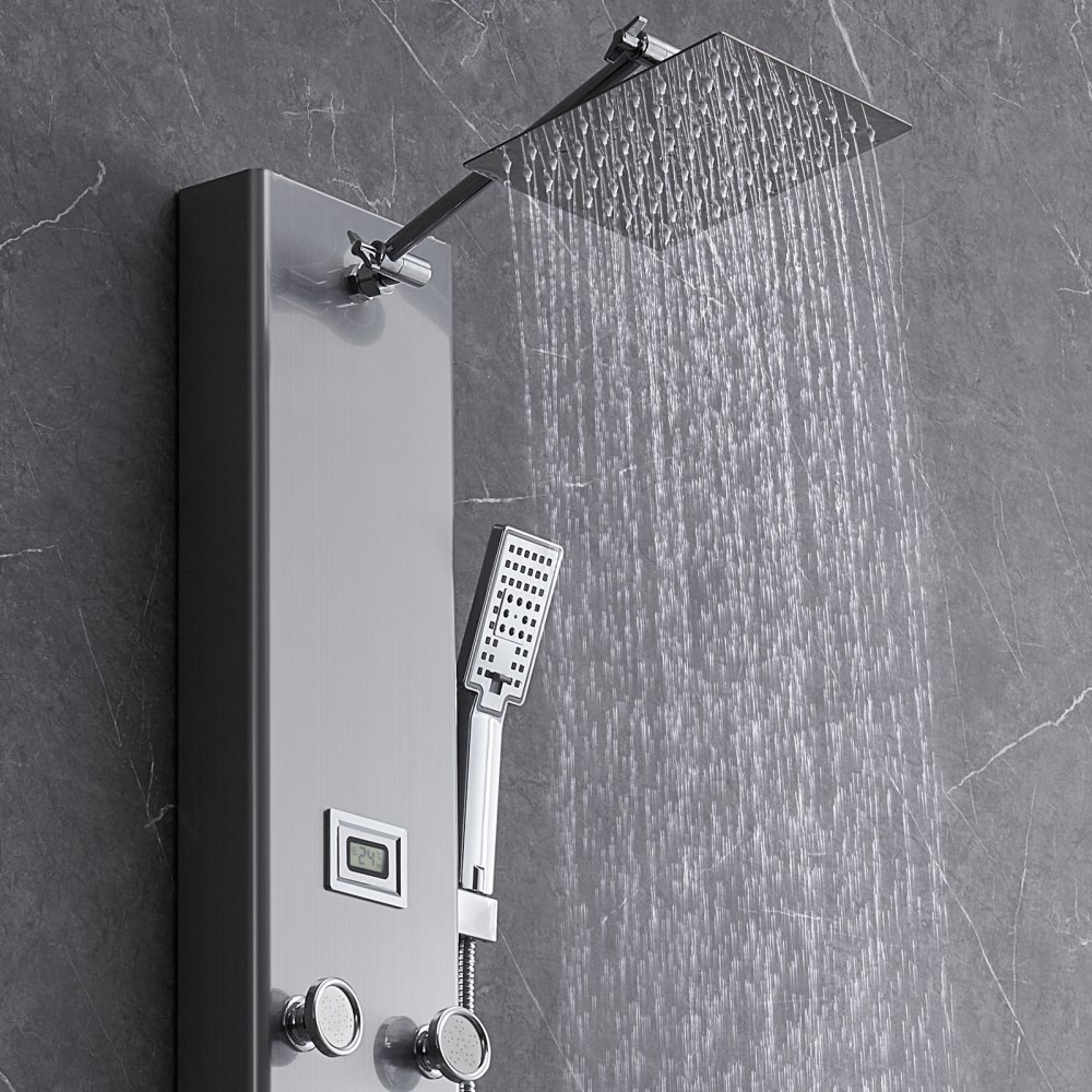 VEVOR Sistema de panel de ducha, 5 modos de ducha, torre de panel de ducha con pantalla digital, lluvia, 8 chorros de masaje, boquilla para bañera, cabezal de ducha de mano de 3 ajustes, manguera de 59 pulgadas, juego de ducha de pared de acero inoxidable