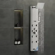 VEVOR Sistema de panel de ducha, 5 modos de ducha, torre de panel de ducha con pantalla digital, lluvia, 8 chorros de masaje, boquilla para bañera, cabezal de ducha de mano de 3 ajustes, manguera de 59 pulgadas, juego de ducha de pared de acero inoxidable