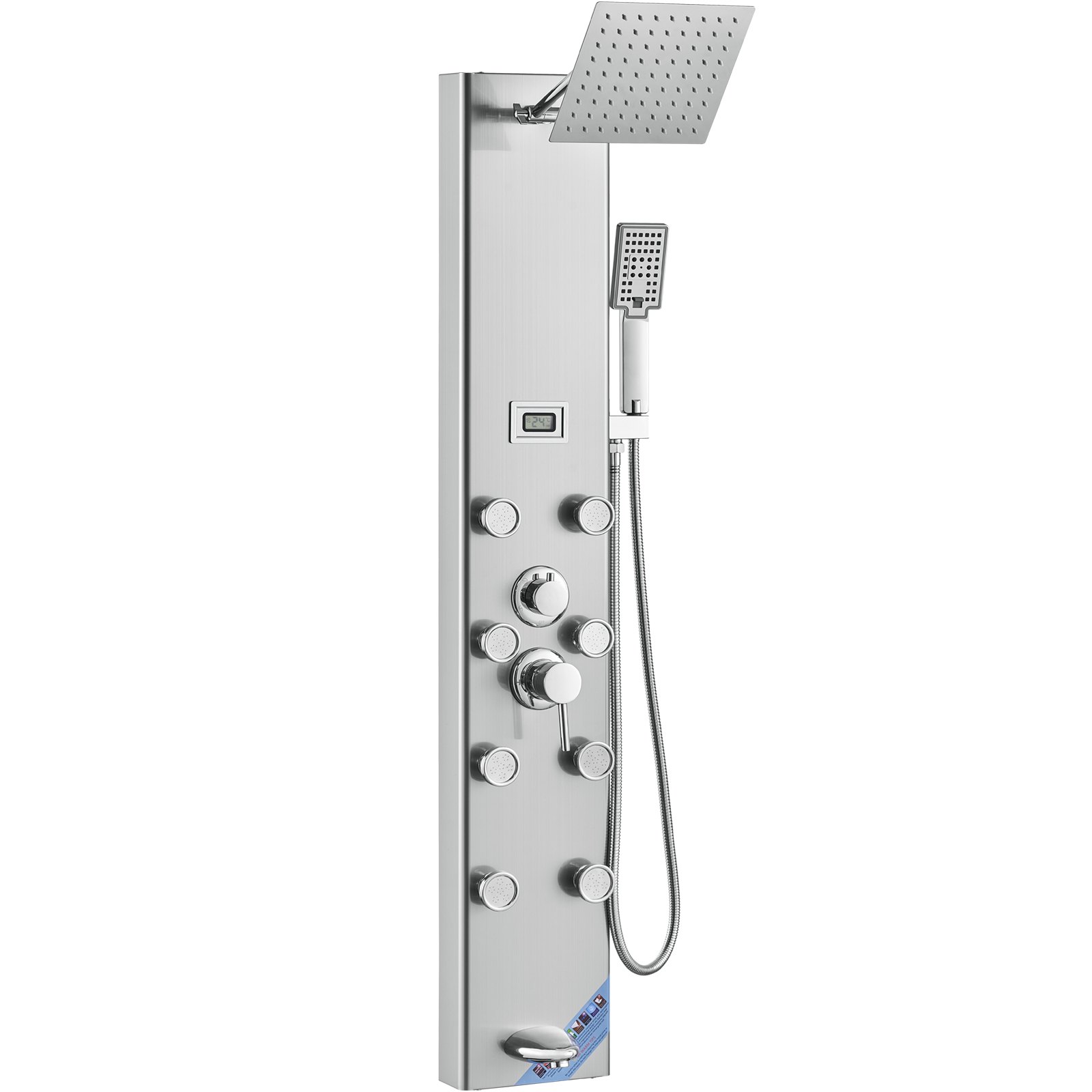 VEVOR Sistema de panel de ducha, 5 modos de ducha, torre de panel de ducha con pantalla digital, lluvia, 8 chorros de masaje, boquilla para bañera, cabezal de ducha de mano de 3 ajustes, manguera de 59 pulgadas, juego de ducha de pared de acero inoxidable