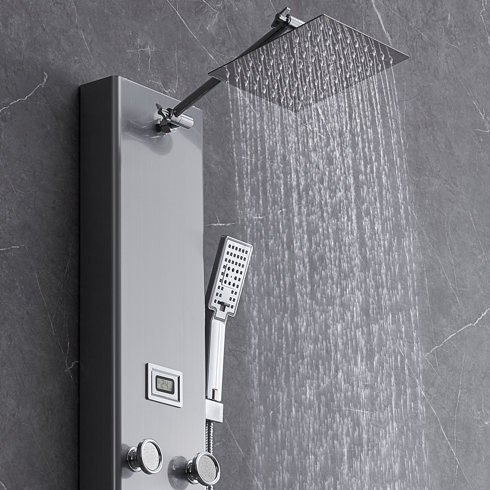 VEVOR Sistema de panel de ducha, 5 modos de ducha, torre de panel de ducha con pantalla digital, lluvia, 8 chorros de masaje, boquilla para bañera, cabezal de ducha de mano de 3 ajustes, manguera de 59 pulgadas, juego de ducha de pared de acero inoxidable