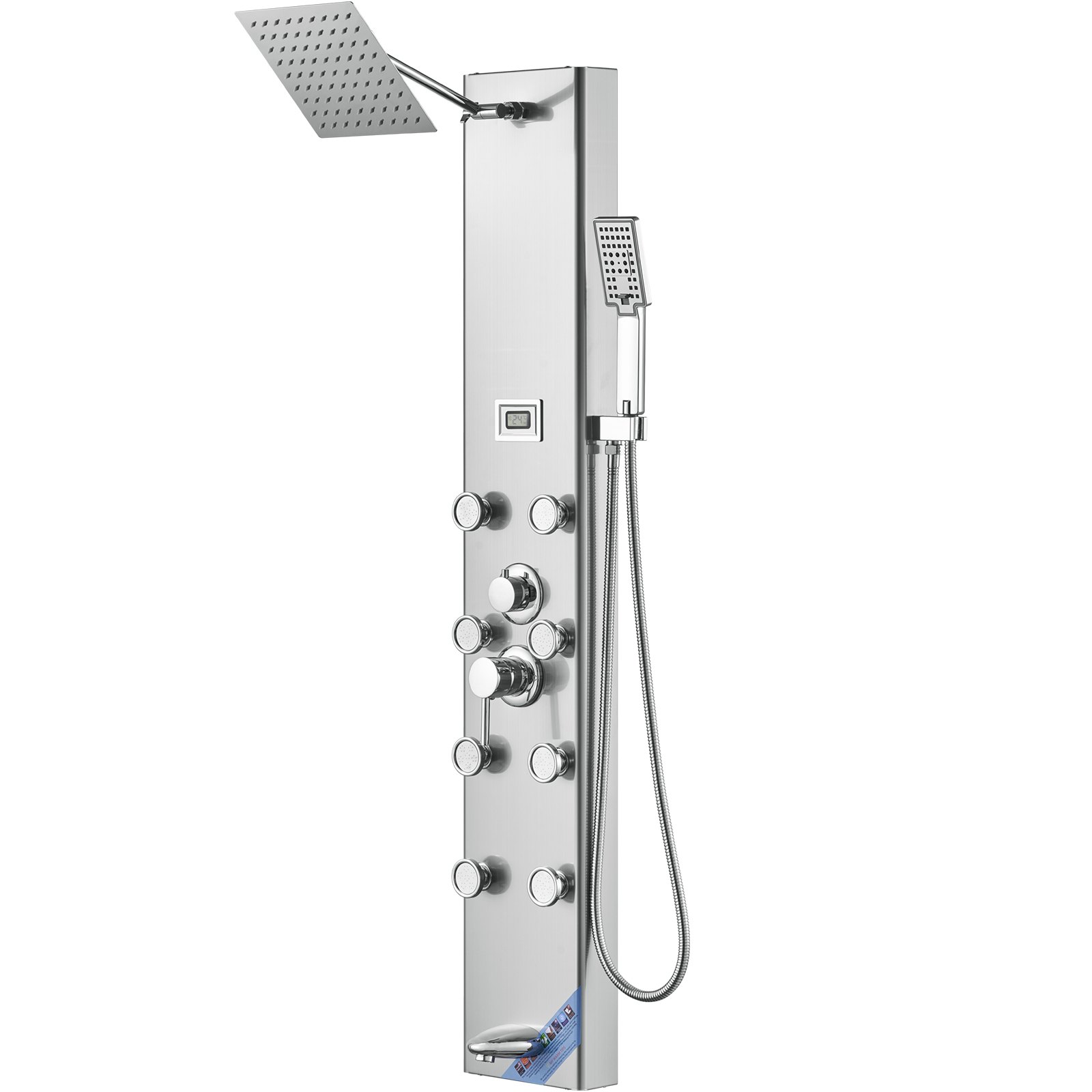 VEVOR Sistema de panel de ducha, 5 modos de ducha, torre de panel de ducha con pantalla digital, lluvia, 8 chorros de masaje, boquilla para bañera, cabezal de ducha de mano de 3 ajustes, manguera de 59 pulgadas, juego de ducha de pared de acero inoxidable
