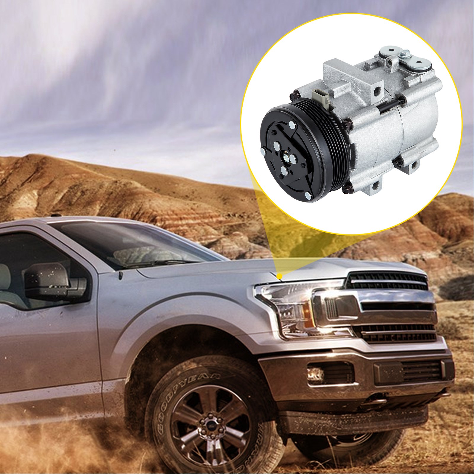 Compresor de aire acondicionado VEVOR para Ford mostrado con una camioneta Ford en un paisaje desértico.